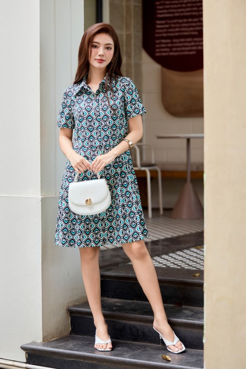 Sixdo Blue Geomitric Midi Raw Dress